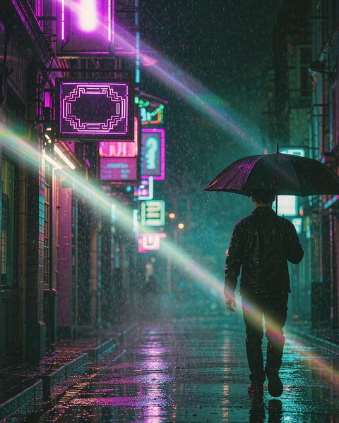 Illustrative portrait with a neon city backdrop